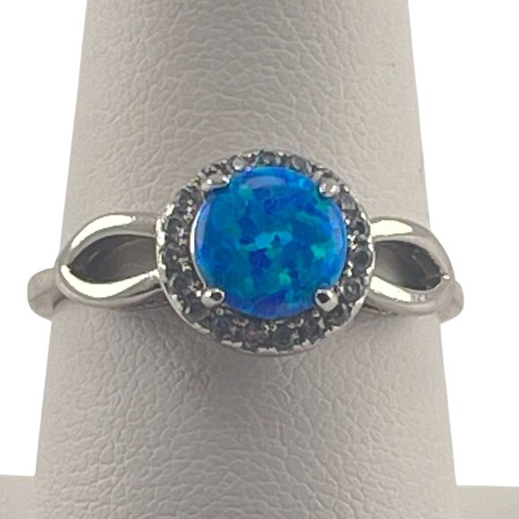 Elegant Blue Opal Halo Ring With Silver Band - Size 8 - Picture 4 of 6